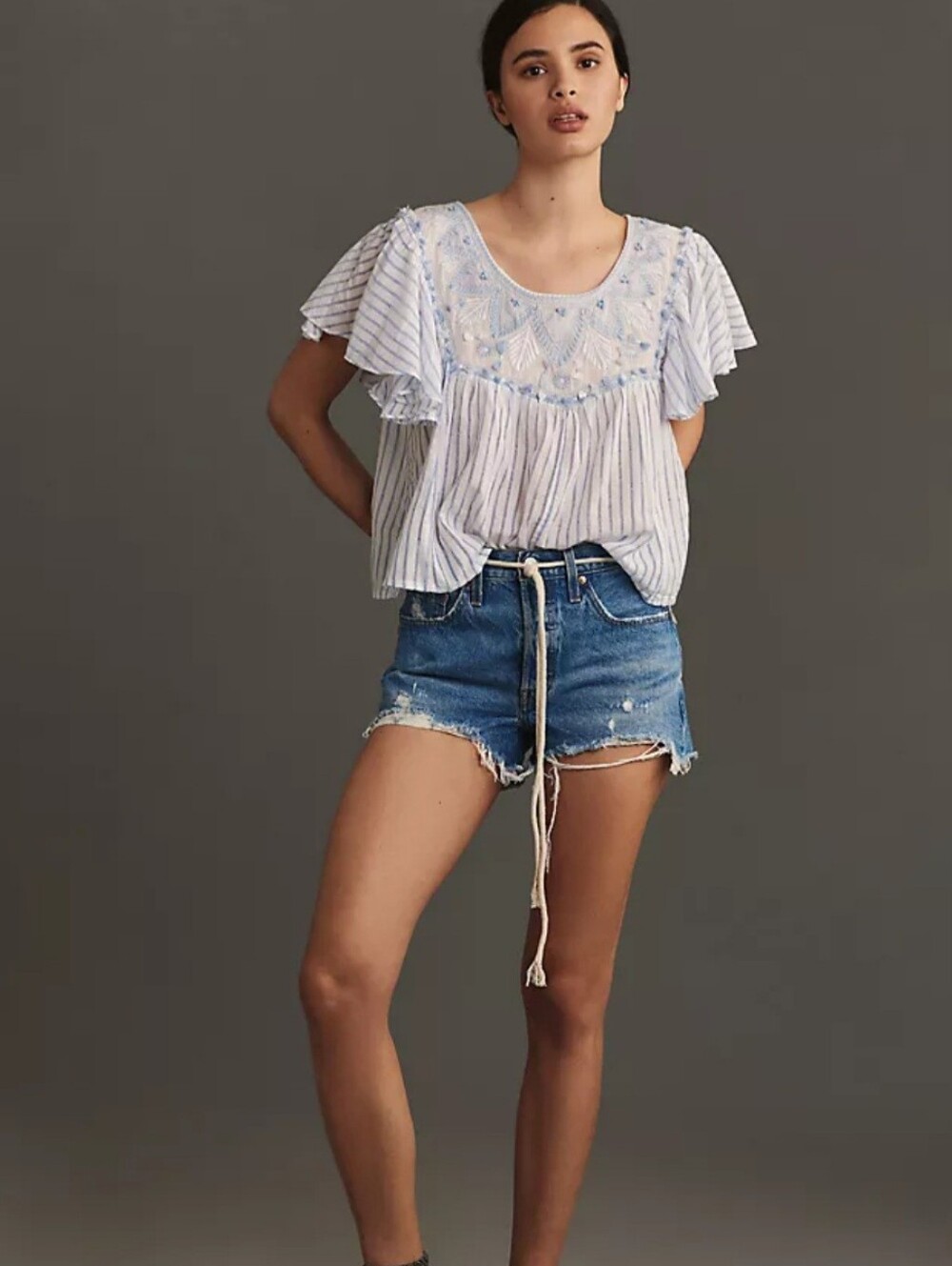 Anthropogie Embroidered Flutter-Sleeve Striped Top - Light Blue Medium